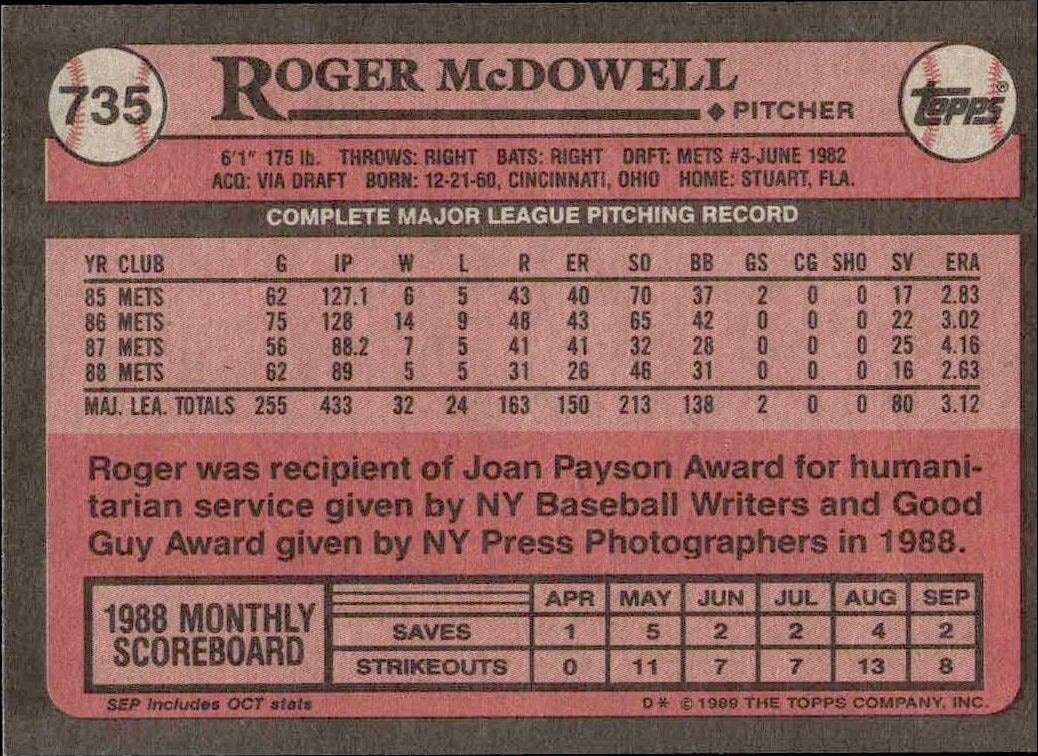 1989 Topps Roger McDowell #735 baseball trading card back