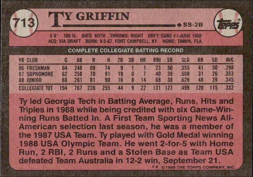 1989 Topps Ty Griffin #713 baseball trading card back
