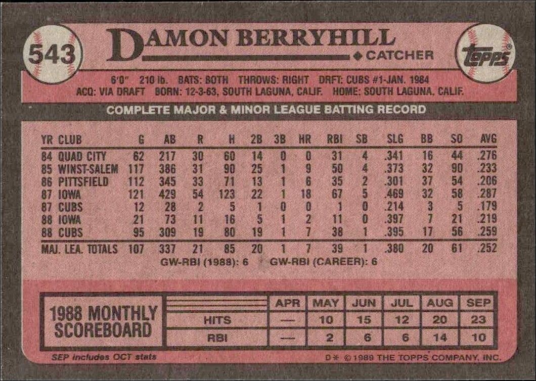 1989 Topps Damon Berryhill #543 baseball trading card back