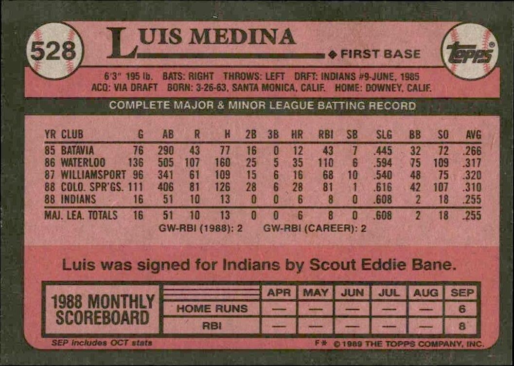 1989 Topps Luis Medina #528 baseball trading card back
