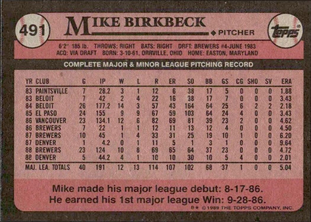 1989 Topps Mike Birkbeck #491 baseball trading card back