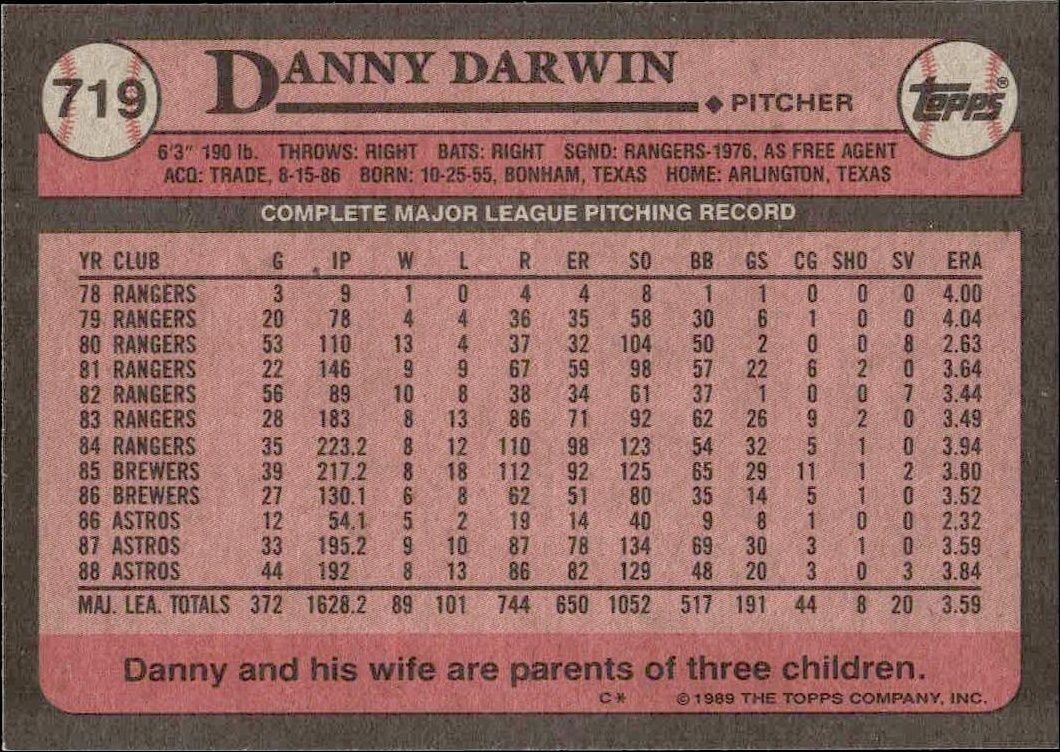 1989 Topps Danny Darwin #719 baseball trading card back