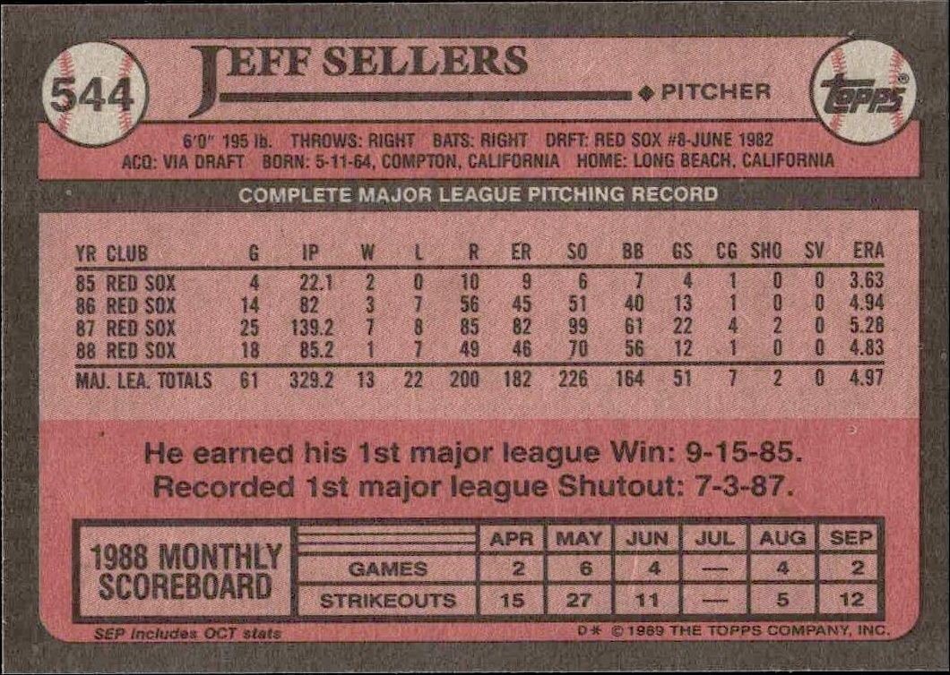 1989 Topps Jeff Sellers #544 baseball trading card back