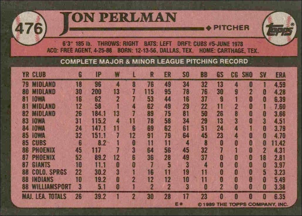 1989 Topps Jon Perlman #476 baseball trading card back