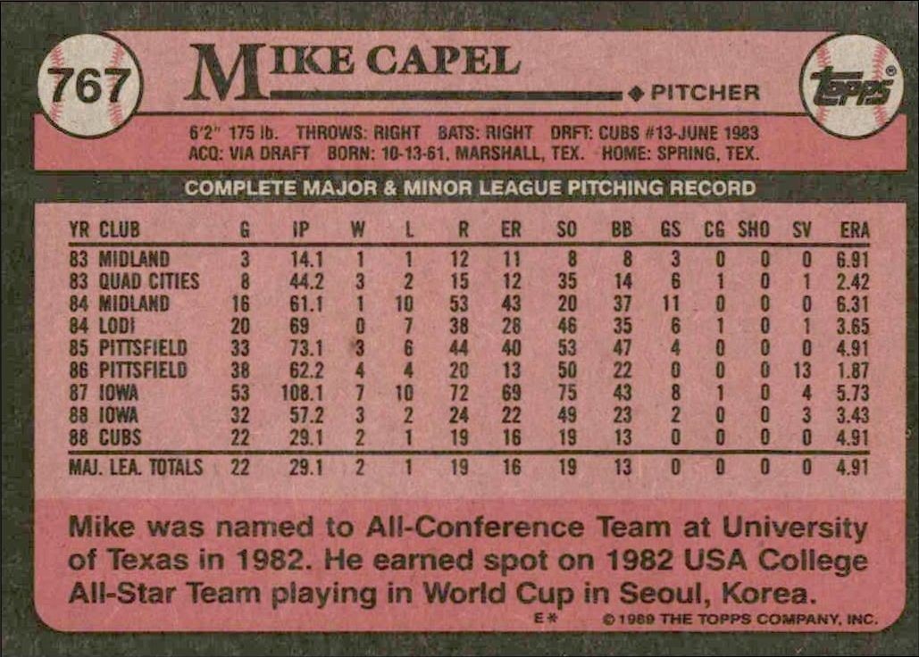1989 Topps Mike Capel #767 baseball trading card back