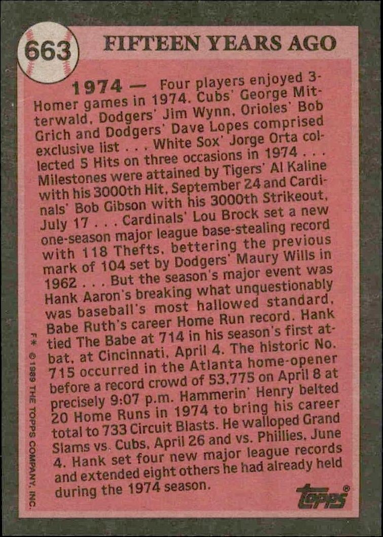 1989 Topps Hank Aaron #663 baseball trading card back