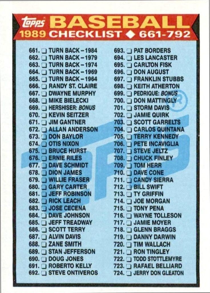 1989 Topps Checklist #782 baseball trading card front
