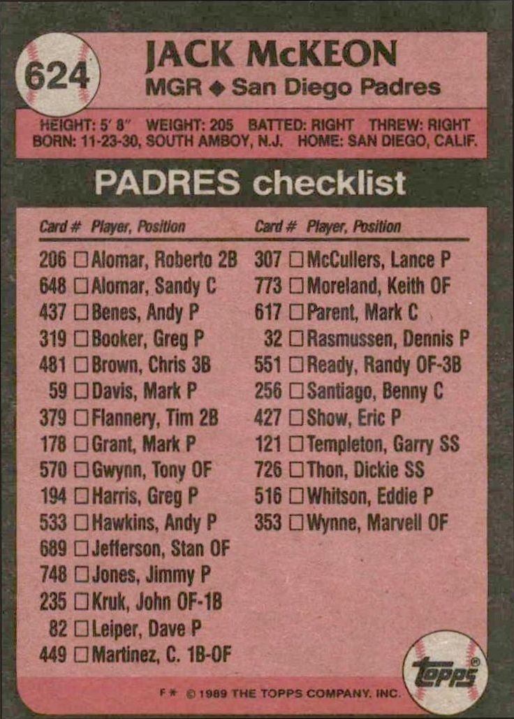 1989 Topps Jack McKeon #624 baseball trading card back