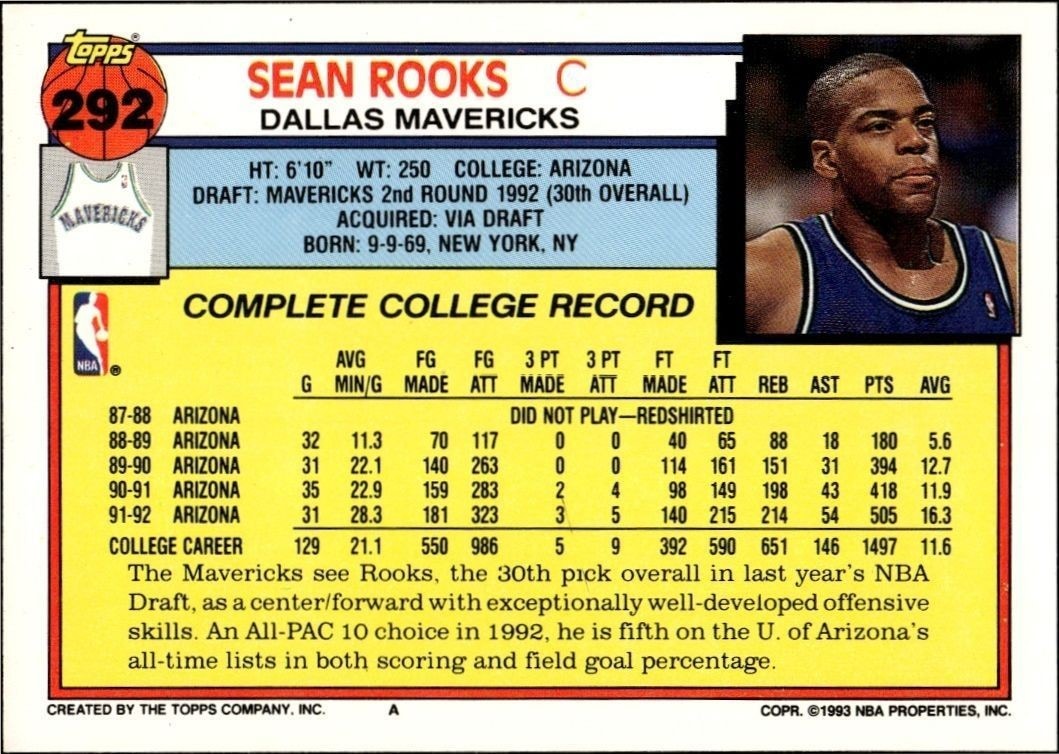 1992-93 Topps Sean Rooks #292 basketball trading card back