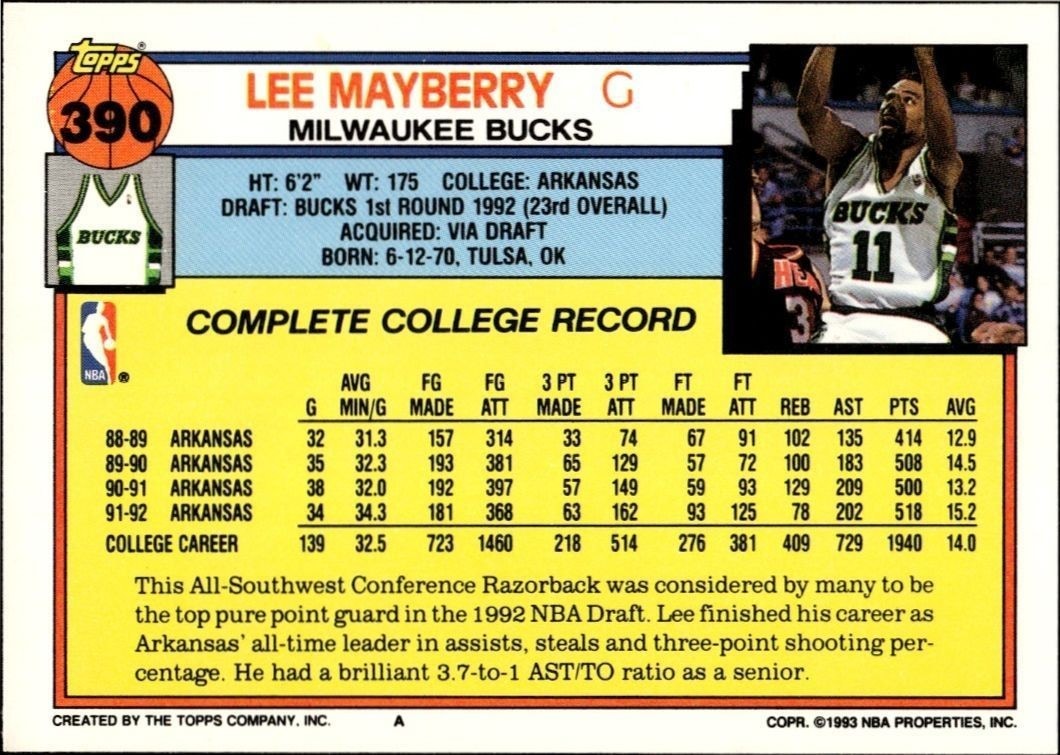 1992-93 Topps Lee Mayberry #390 basketball trading card back