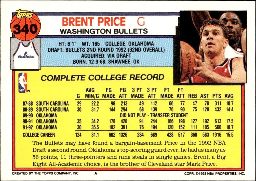 1992-93 Topps Brent Price #340 basketball trading card back
