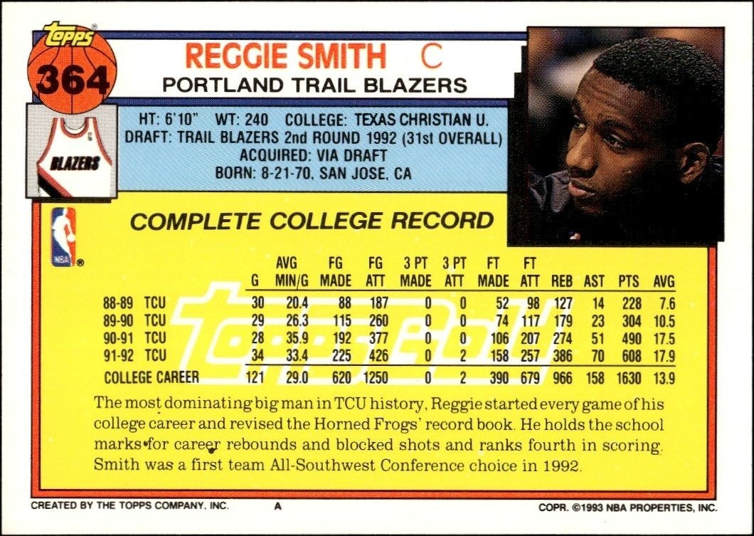 1992-93 Topps Reggie Smith #364 basketball trading card back