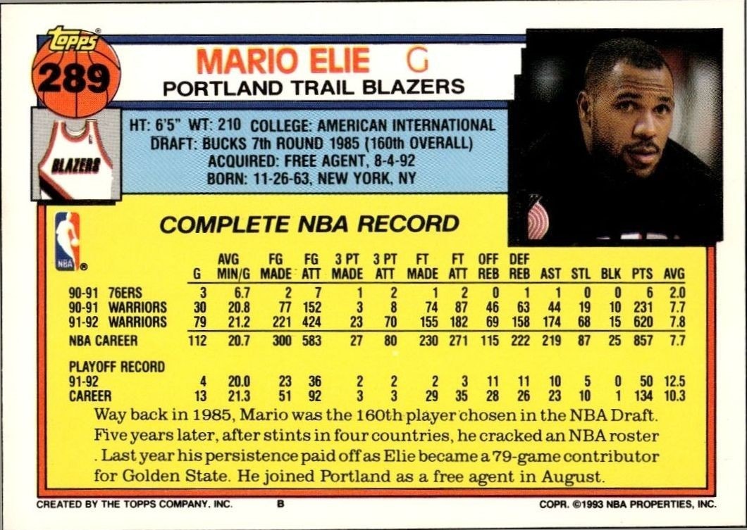 1992-93 Topps Mario Elie #289 basketball trading card back