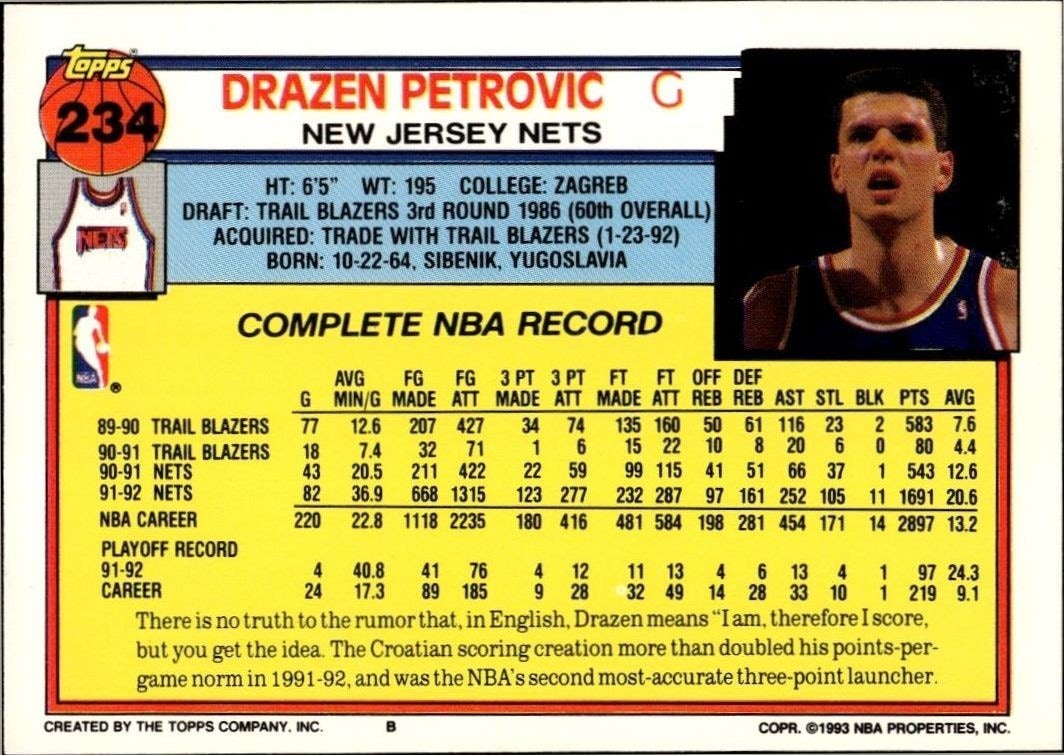 1992-93 Topps Drazen Petrovic #234 basketball trading card back