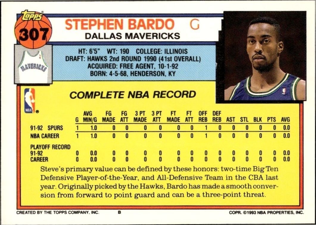 1992-93 Topps Steve Bardo #307 basketball trading card back