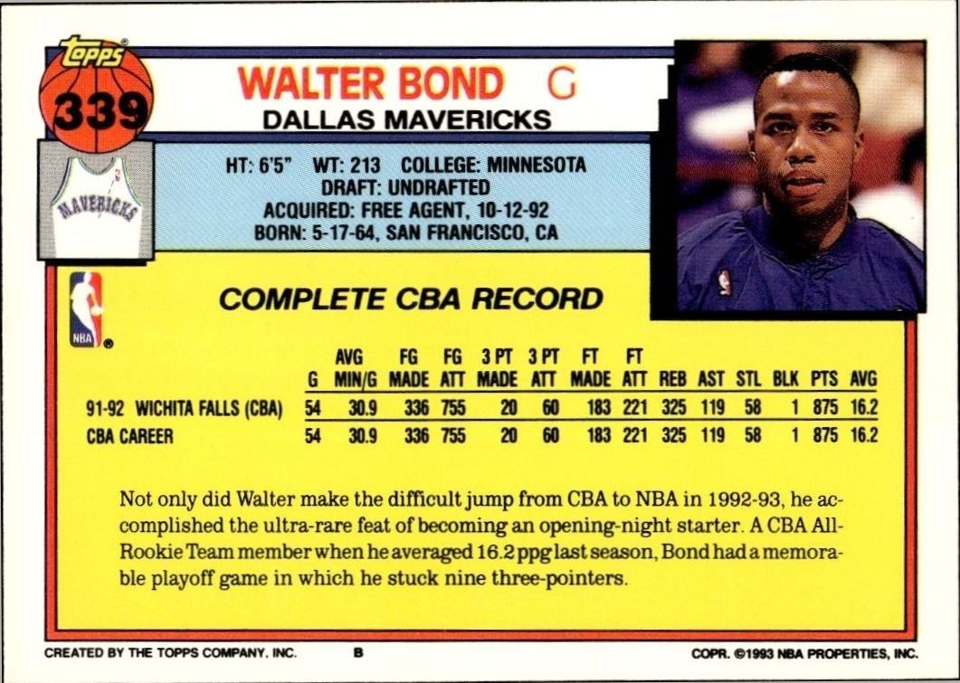 1992-93 Topps Walter Bond #339 basketball trading card back