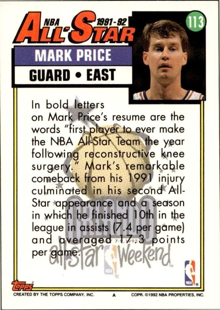 1992-93 Topps Mark Price #113 basketball trading card back