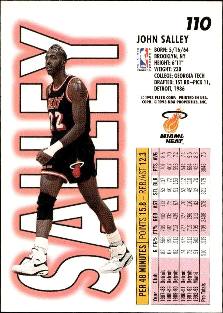 1993-94 Fleer John Salley #110 basketball trading card back