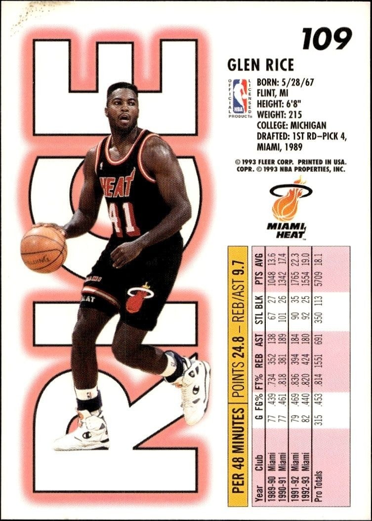 1993-94 Fleer Glen Rice #109 basketball trading card back