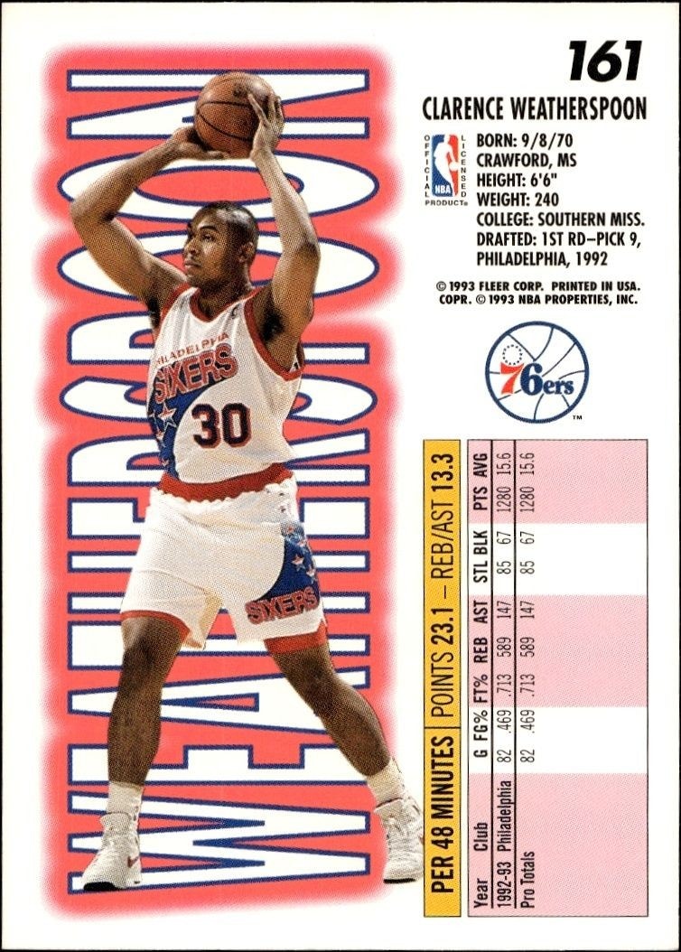 1993-94 Fleer Clarence Weatherspoon #161 basketball trading card back