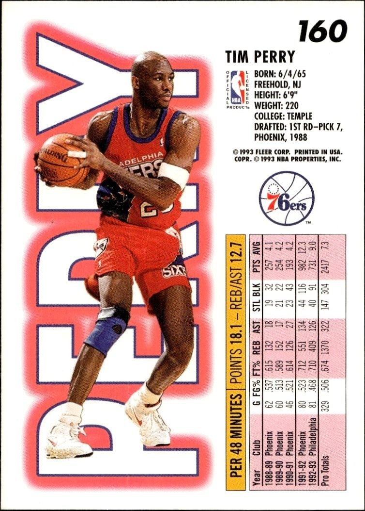 1993-94 Fleer Tim Perry #160 basketball trading card back