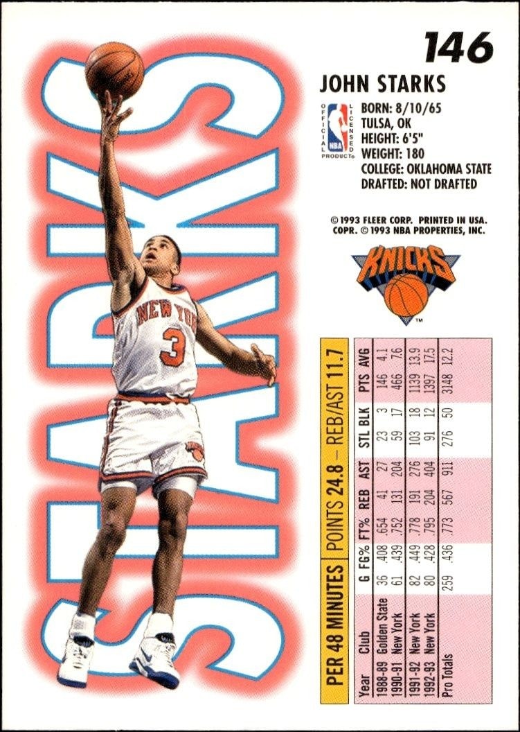 1993-94 Fleer John Starks #146 basketball trading card back