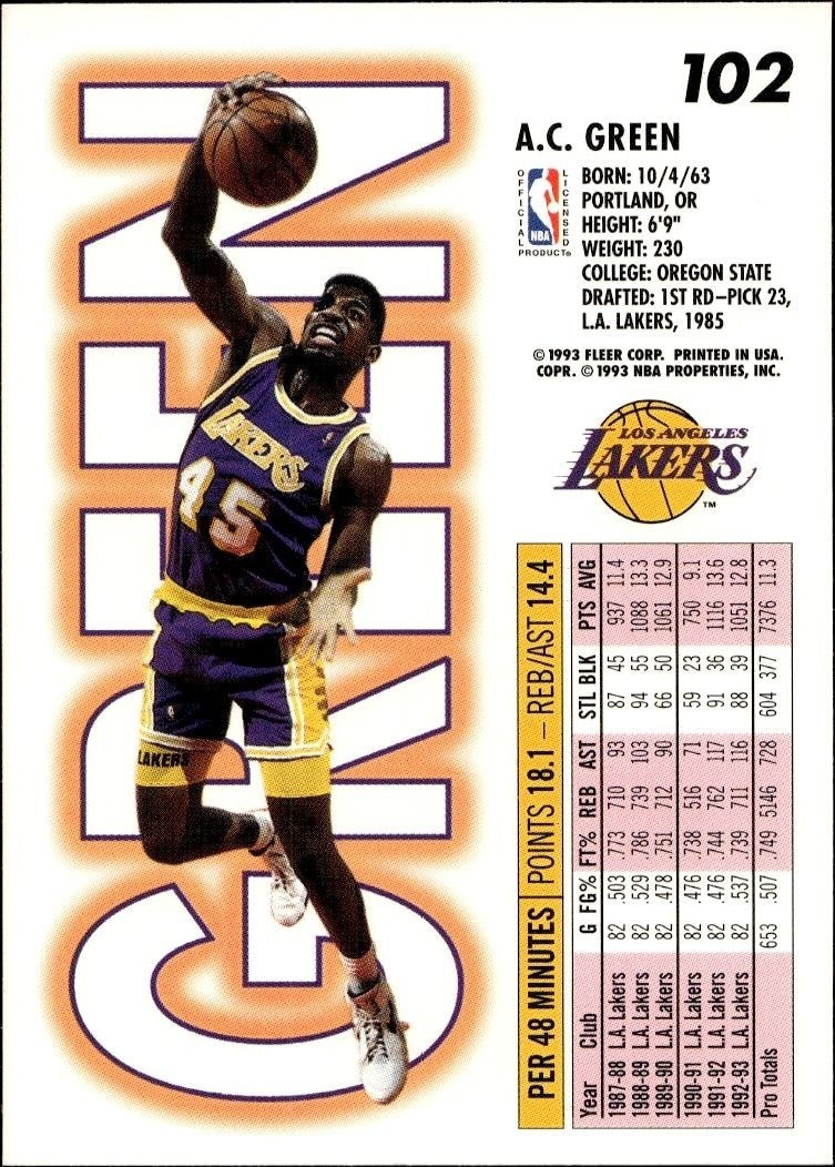 1993-94 Fleer A.C. Green #102 basketball trading card back