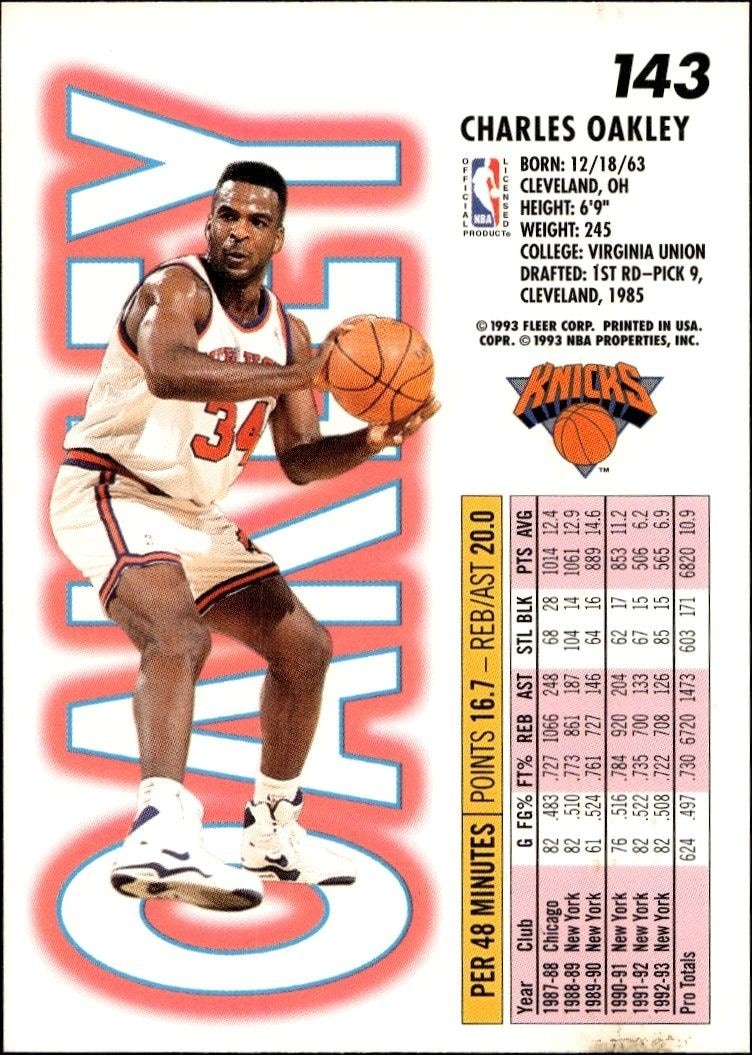 1993-94 Fleer Charles Oakley #143 basketball trading card back