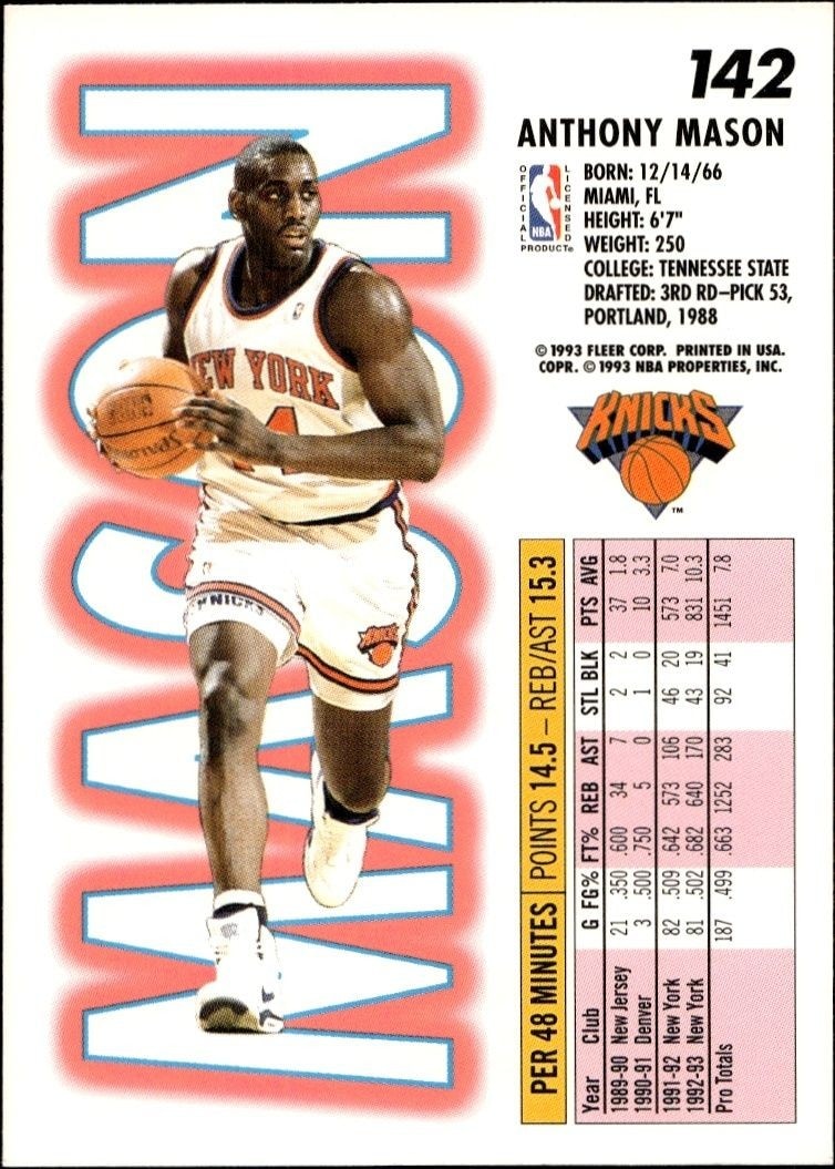 1993-94 Fleer Anthony Mason #142 basketball trading card back