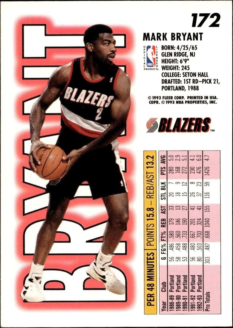 1993-94 Fleer Mark Bryant #172 basketball trading card back