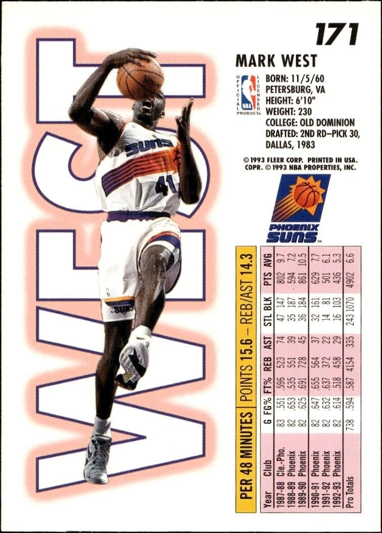 1993-94 Fleer Mark West #171 basketball trading card back