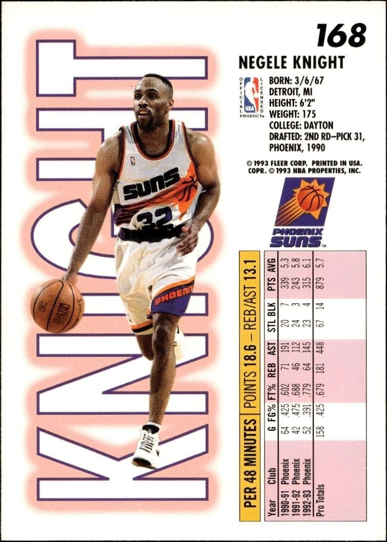 1993-94 Fleer Negele Knight #168 basketball trading card back