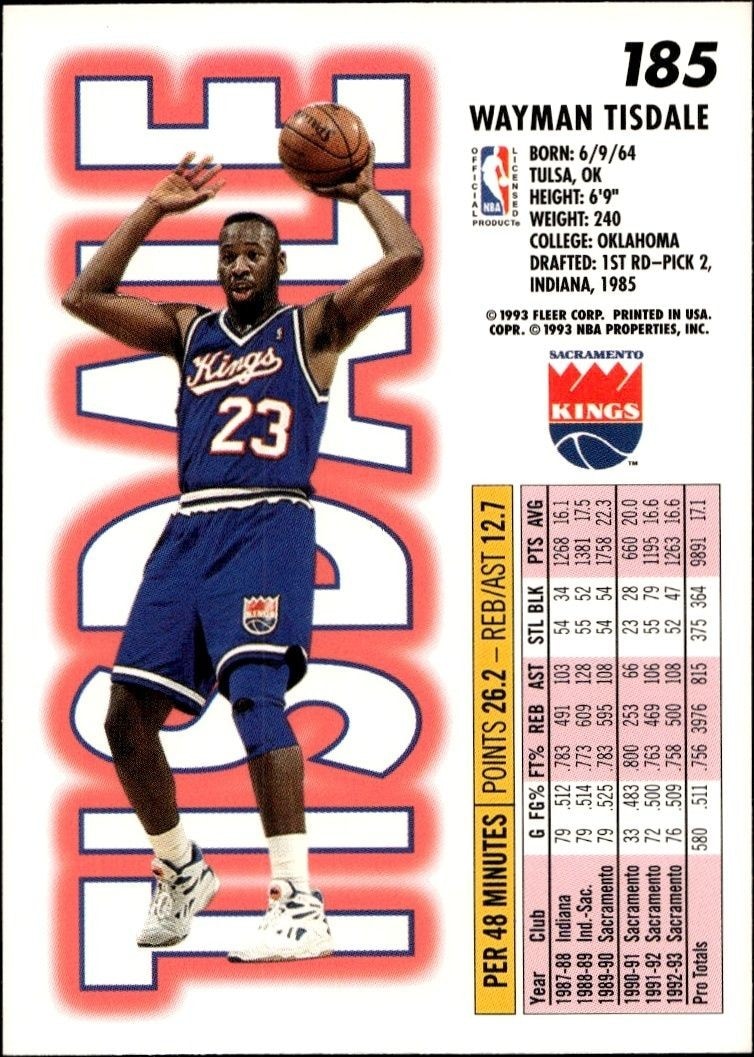 1993-94 Fleer Wayman Tisdale #185 basketball trading card back