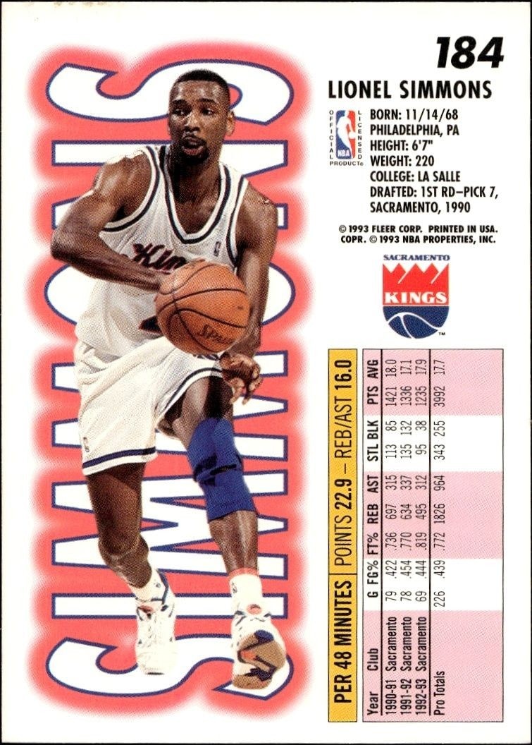 1993-94 Fleer Lionel Simmons #184 basketball trading card back