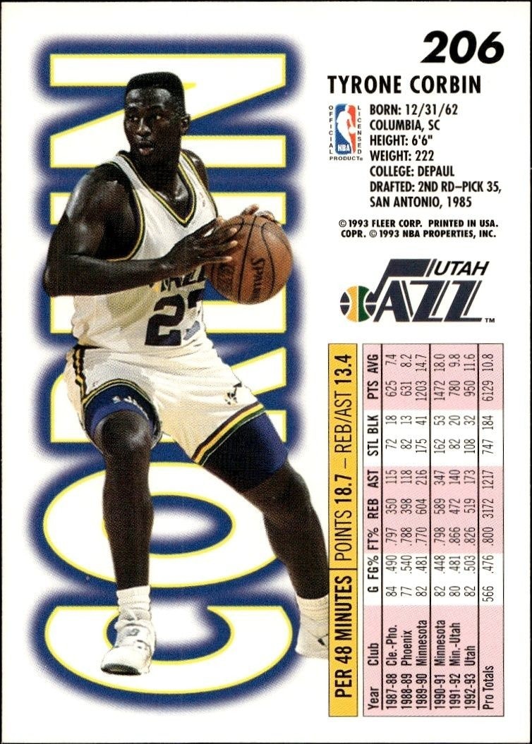 1993-94 Fleer Tyrone Corbin #206 basketball trading card back