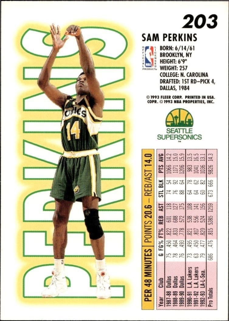 1993-94 Fleer Sam Perkins #203 basketball trading card back