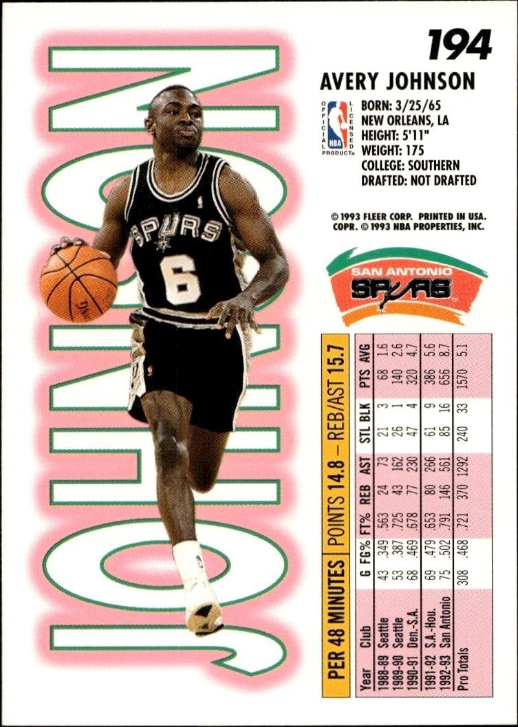 1993-94 Fleer Avery Johnson #194 basketball trading card back