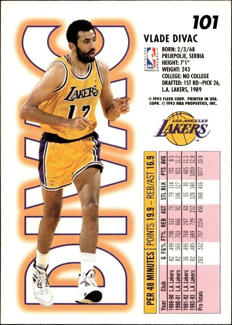 1993-94 Fleer Vlade Divac #101 basketball trading card back