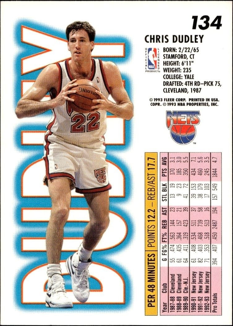 1993-94 Fleer Chris Dudley #134 basketball trading card back