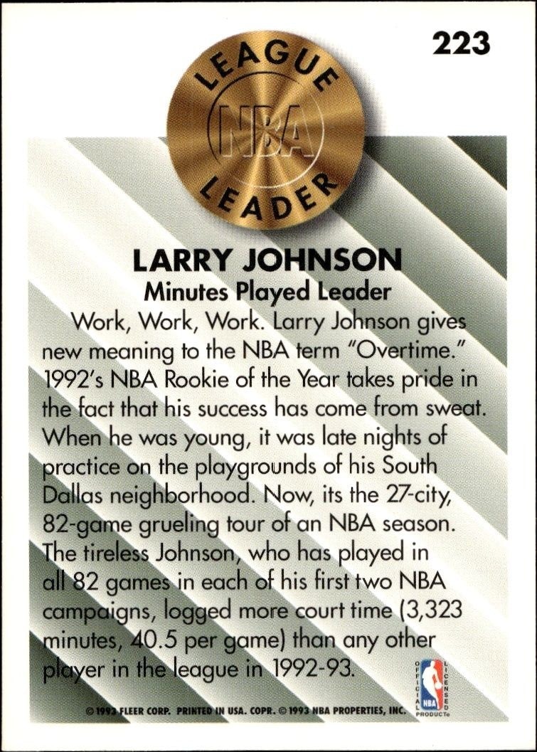 1993-94 Fleer Larry Johnson #223 basketball trading card back