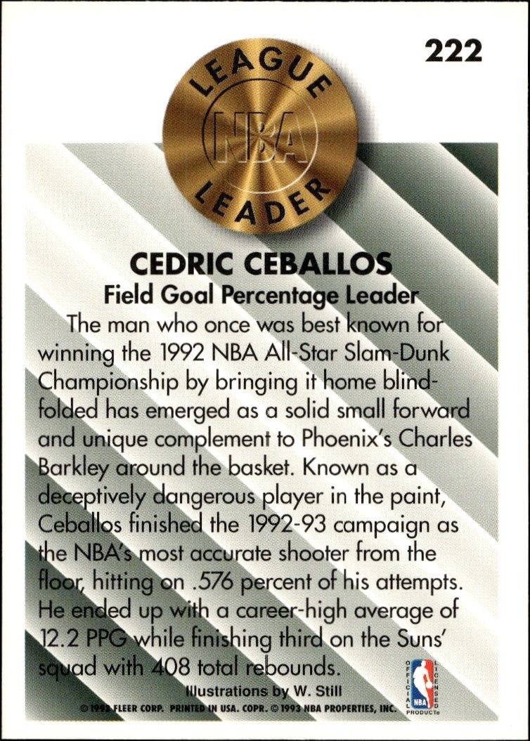 1993-94 Fleer Cedric Ceballos #222 basketball trading card back