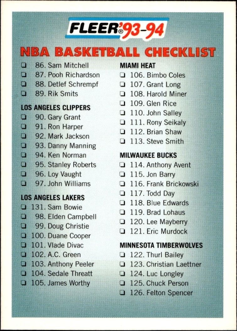 1993-94 Fleer Checklist #239 basketball trading card front