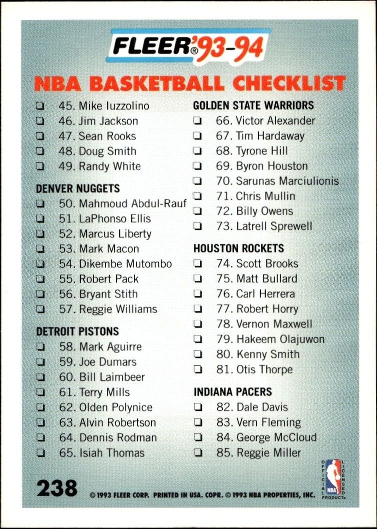 1993-94 Fleer Checklist #238 basketball trading card back
