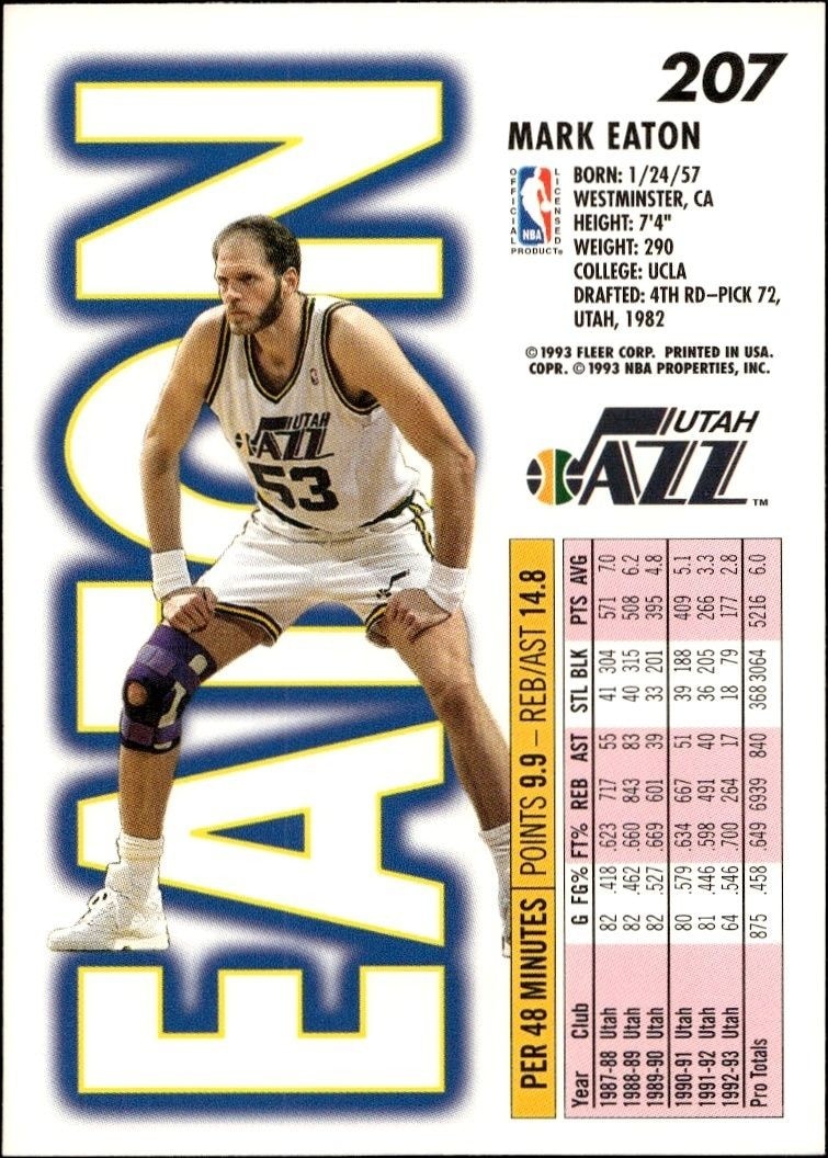 1993-94 Fleer Mark Eaton #207 basketball trading card back