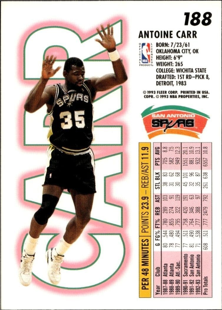 1993-94 Fleer Antoine Carr #188 basketball trading card back