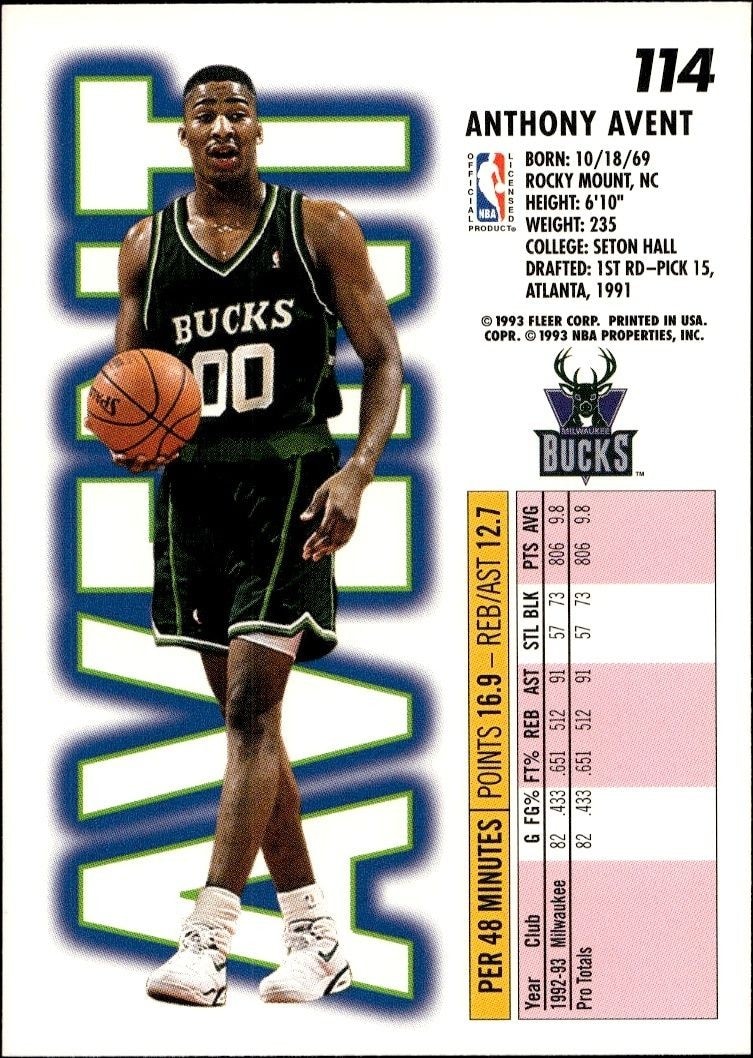 1993-94 Fleer Anthony Avent #114 basketball trading card back