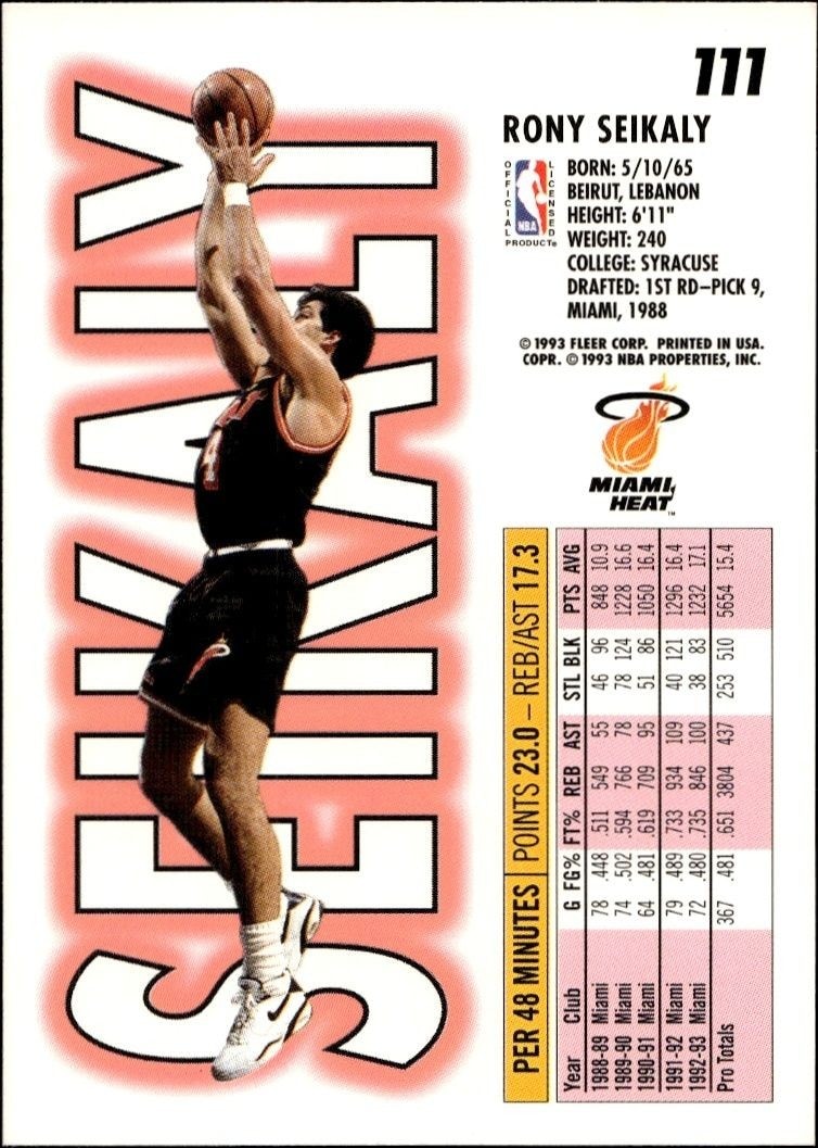 1993-94 Fleer Rony Seikaly #111 basketball trading card back