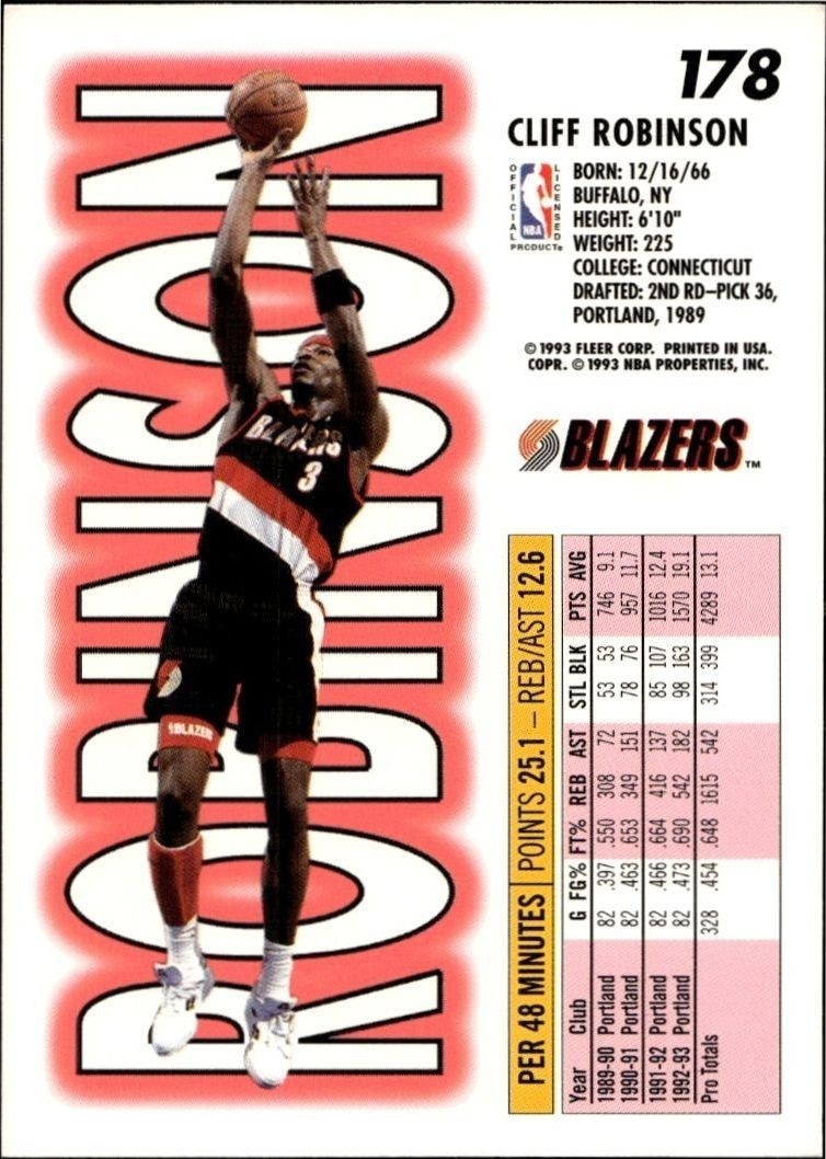 1993-94 Fleer Cliff Robinson #178 basketball trading card back