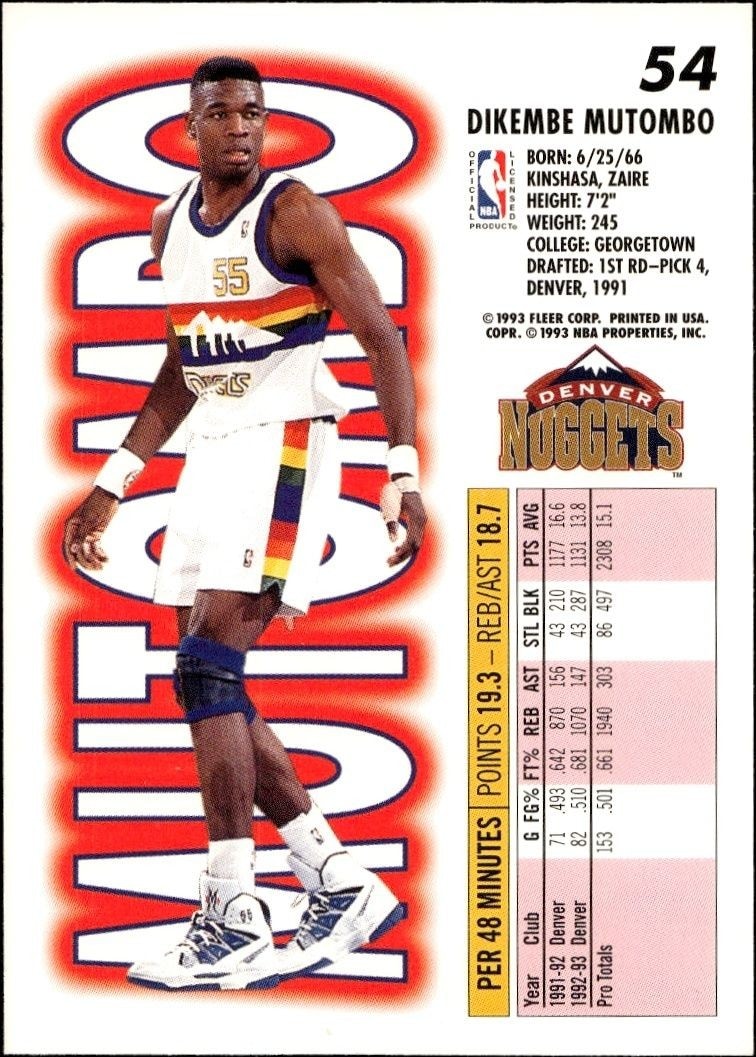 1993-94 Fleer Dikembe Mutombo #54 basketball trading card back