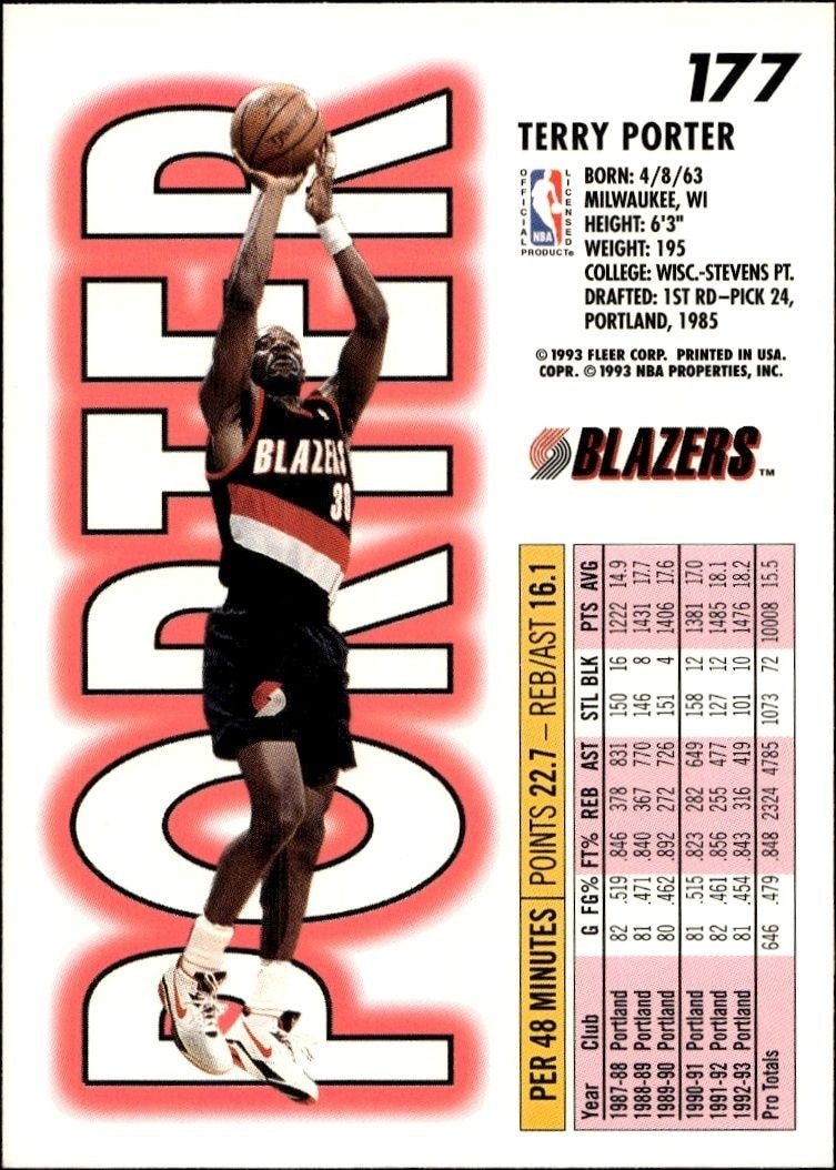 1993-94 Fleer Terry Porter #177 basketball trading card back
